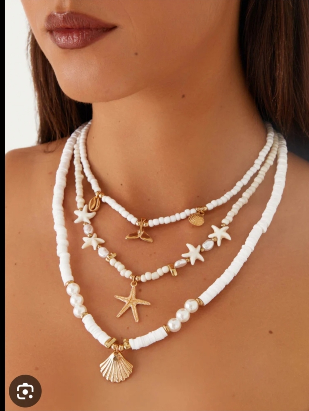 Set Of 3 White & Gold Beaded Boho Ocean Beach Themed Fashion Jewelry Necklaces